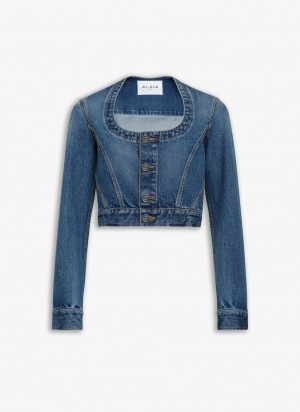 Alaia Nekcline Denim Jacken Damen Blau Österreich | W7S-8702