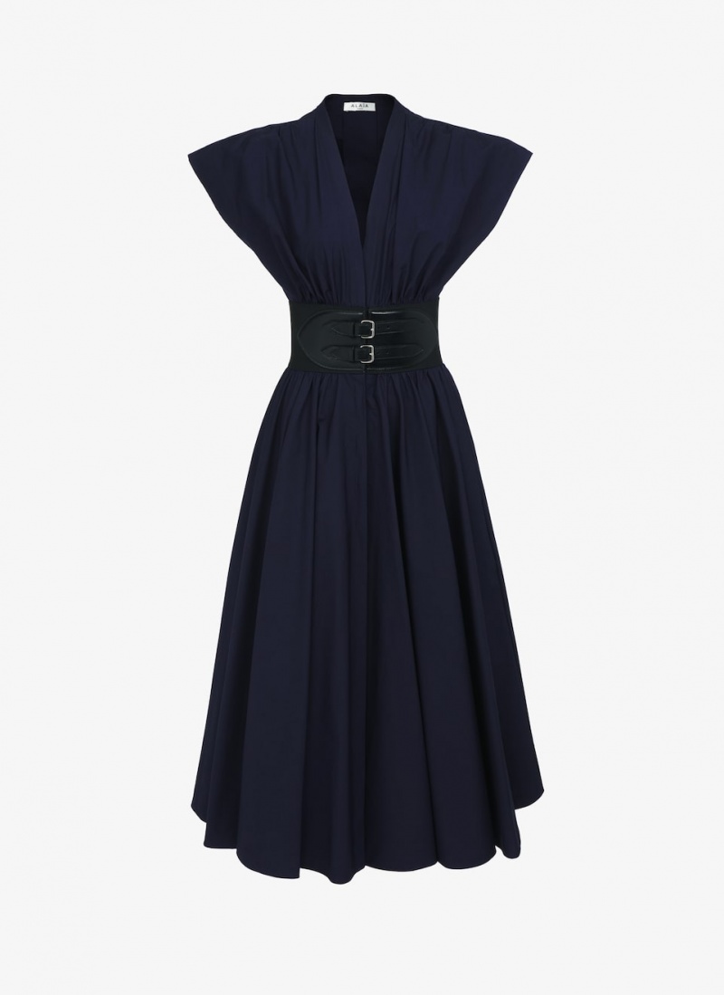 Alaia Belted Midi Japanese Poplin Kleid Damen Marine Österreich | D3P-2919