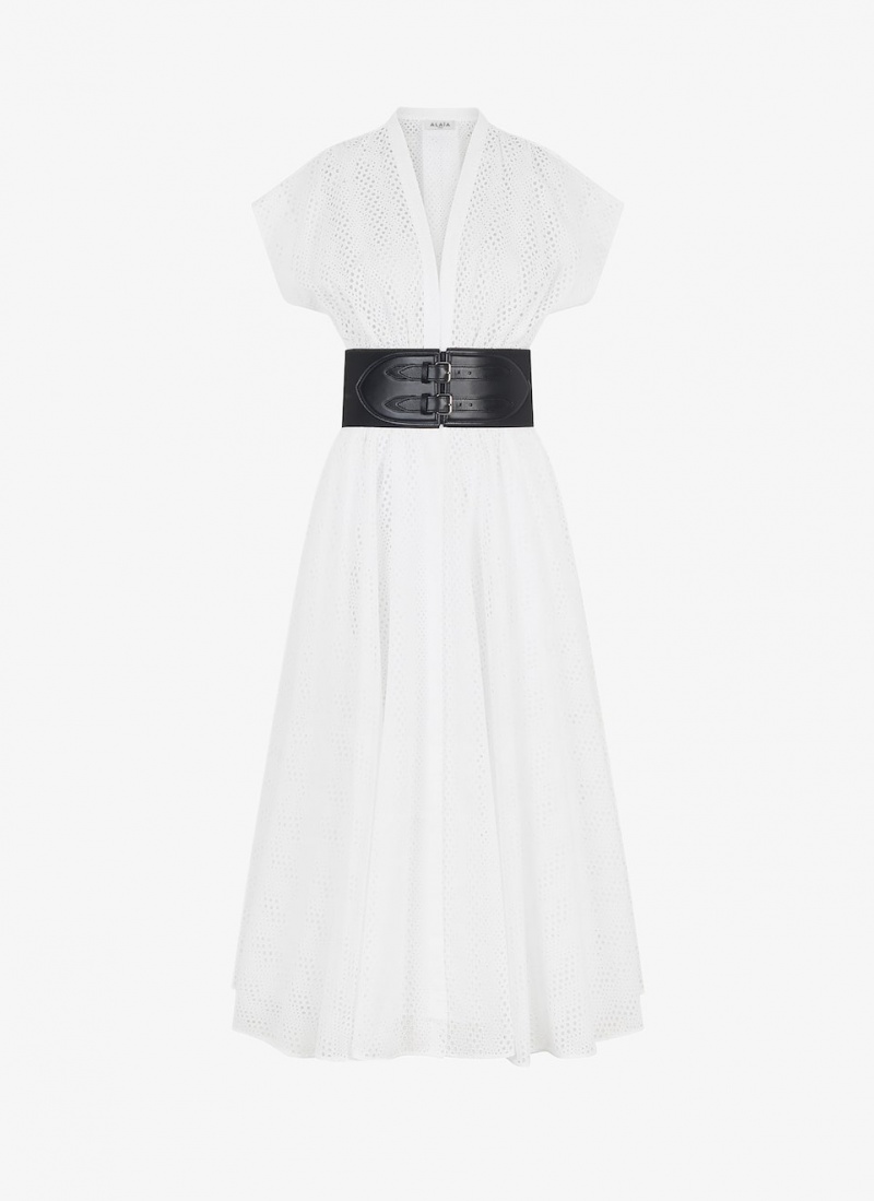 Alaia Broderie Anglaise Belted Kleid Damen Weiß Österreich | E4J-8861