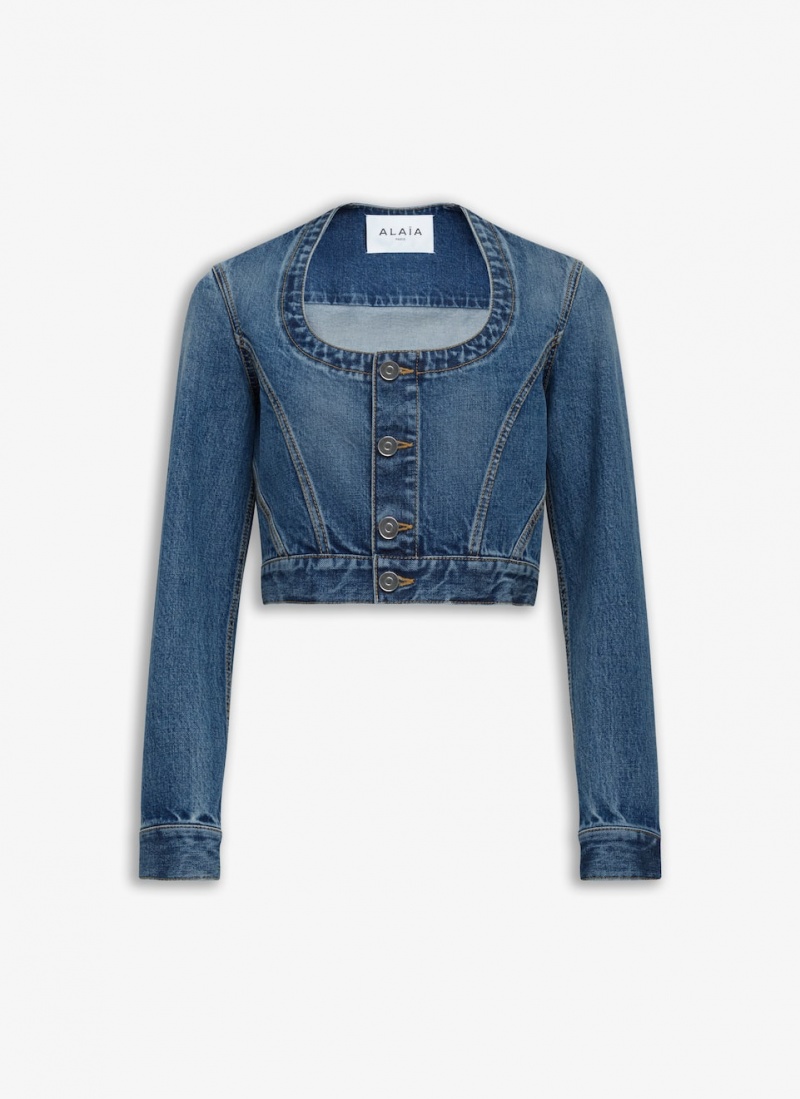 Alaia Nekcline Denim Jacken Damen Blau Österreich | D6Y-1043