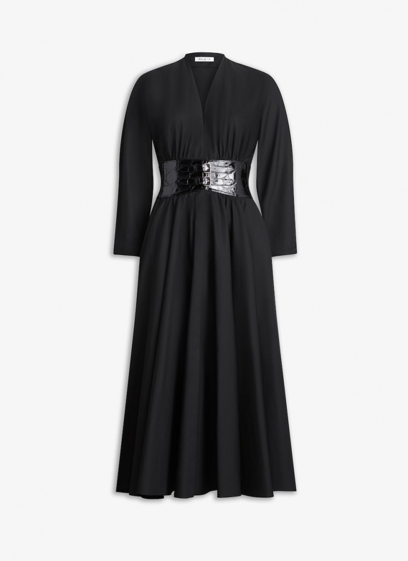 Alaia Poplin Cross Belt Kleid Damen Schwarz Österreich | H1S-1707